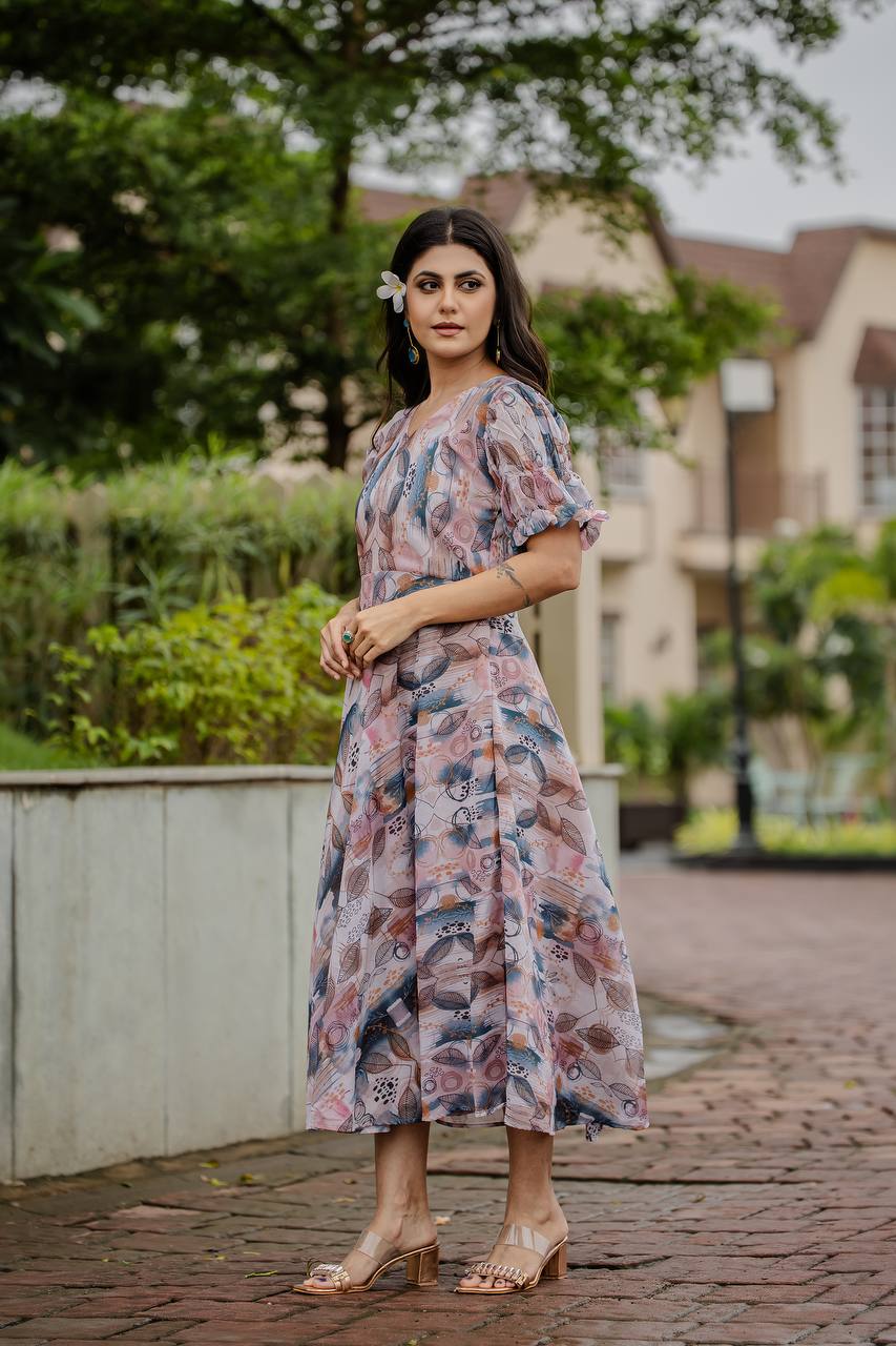 Fancy Gown With Detailed Floral & Geometric Digital Print