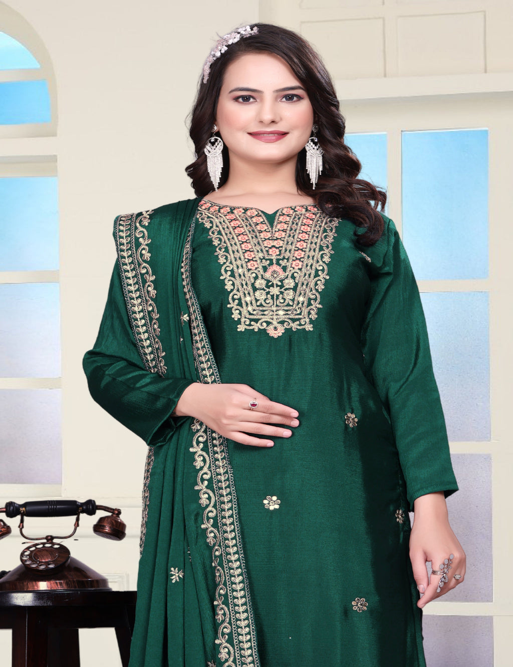 Beautiful Suit Set With Coding Sequence Embroidered Work