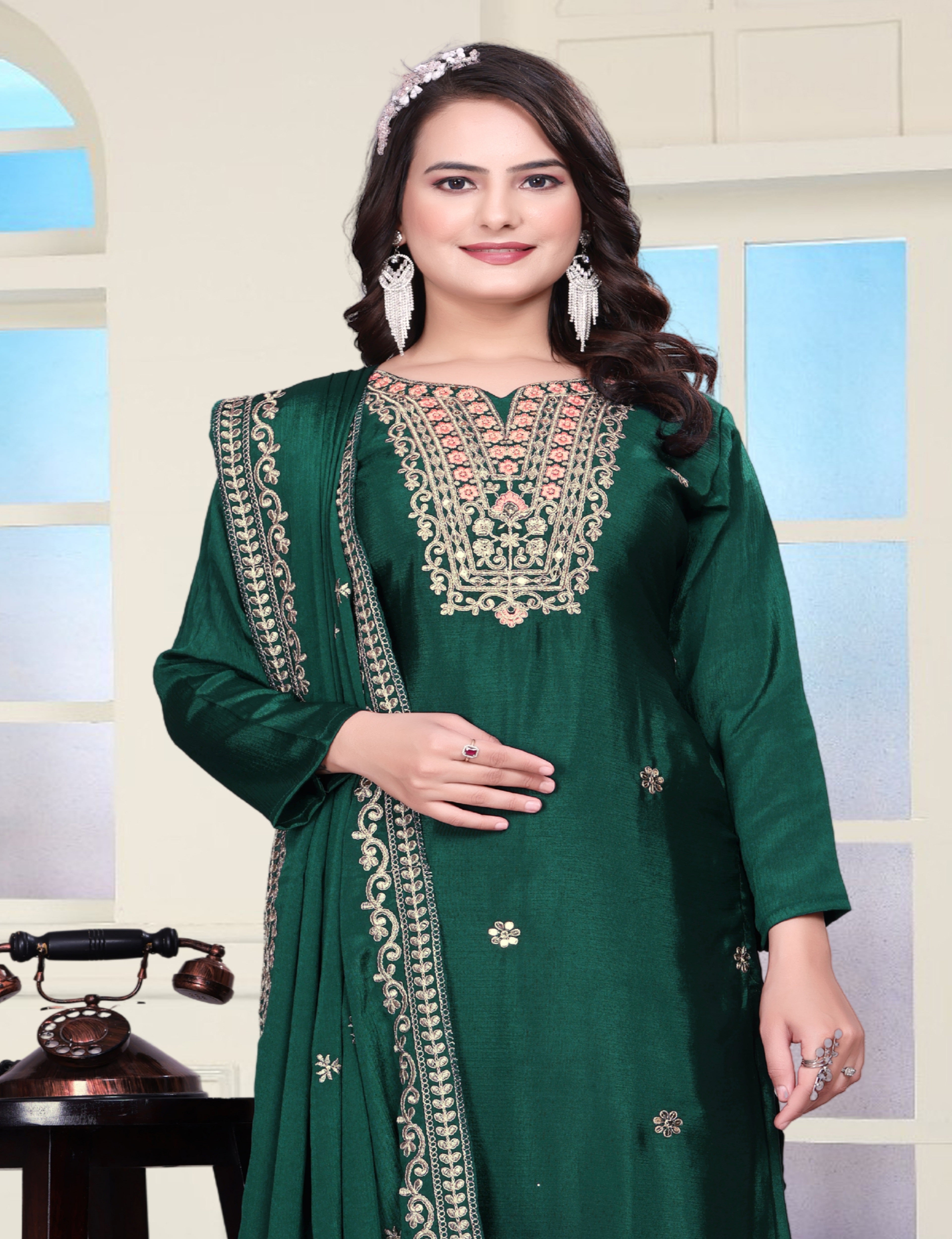 Beautiful Suit Set With Coding Sequence Embroidered Work
