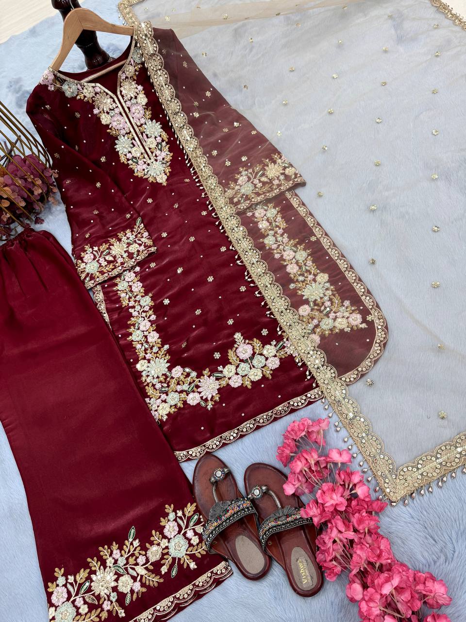 Designer Party Wear Look Silk Top Plazzo & Dupatta Set