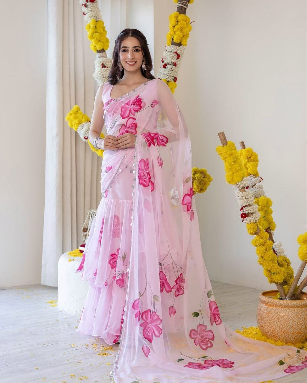 Beautiful Party Wear Ruffle Lehenga Saree With Floral Print