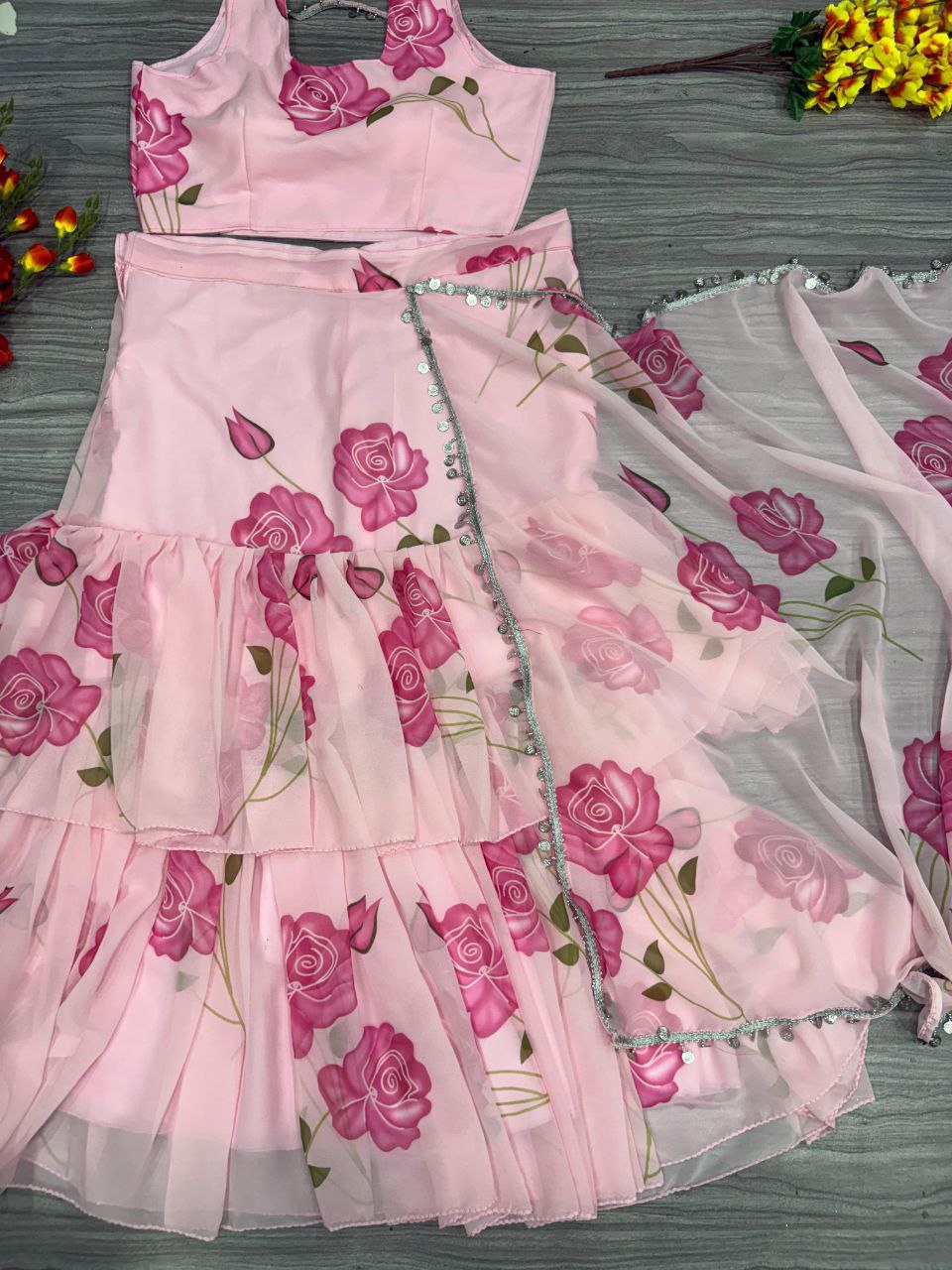 Beautiful Party Wear Ruffle Lehenga Saree With Floral Print
