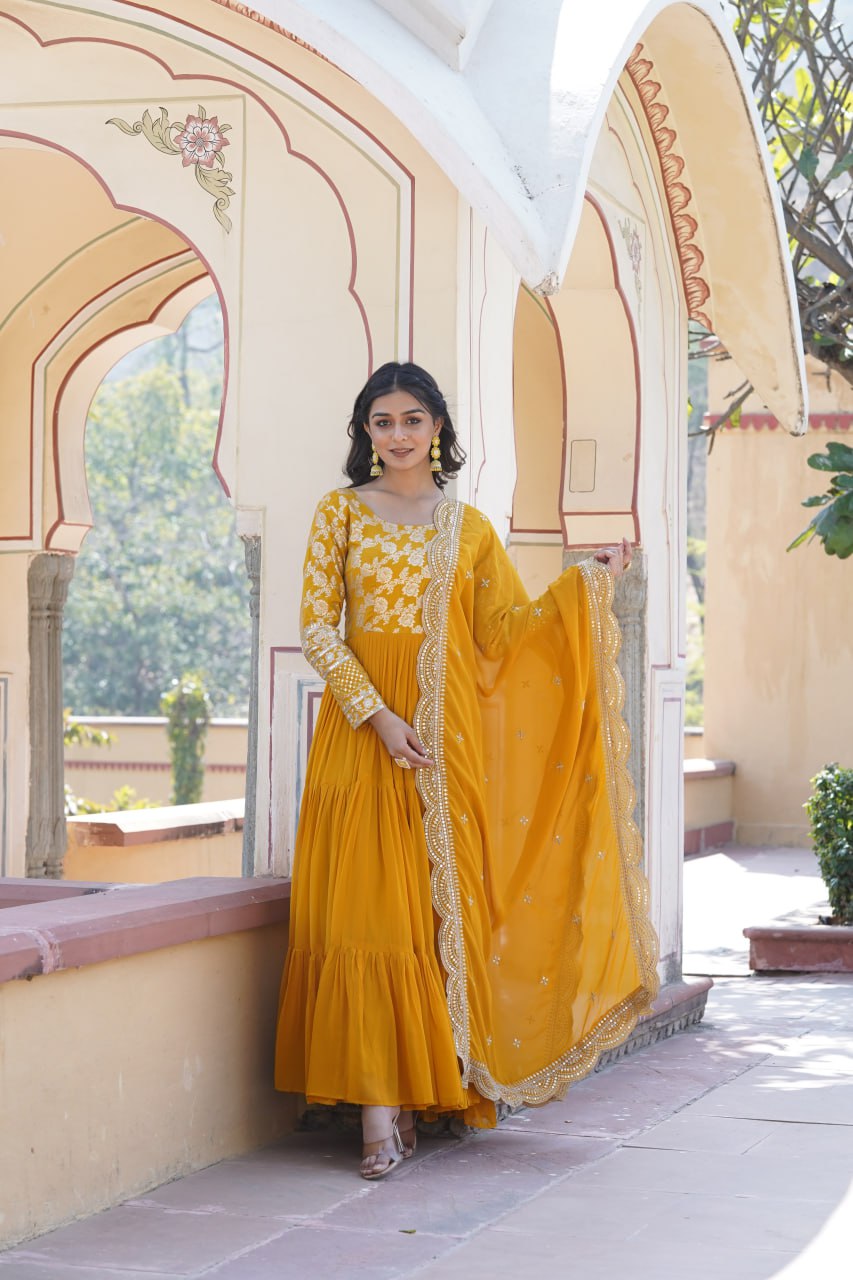 Party Wear Look Designer Gown And Dupatta With Sequins Embroidered Work