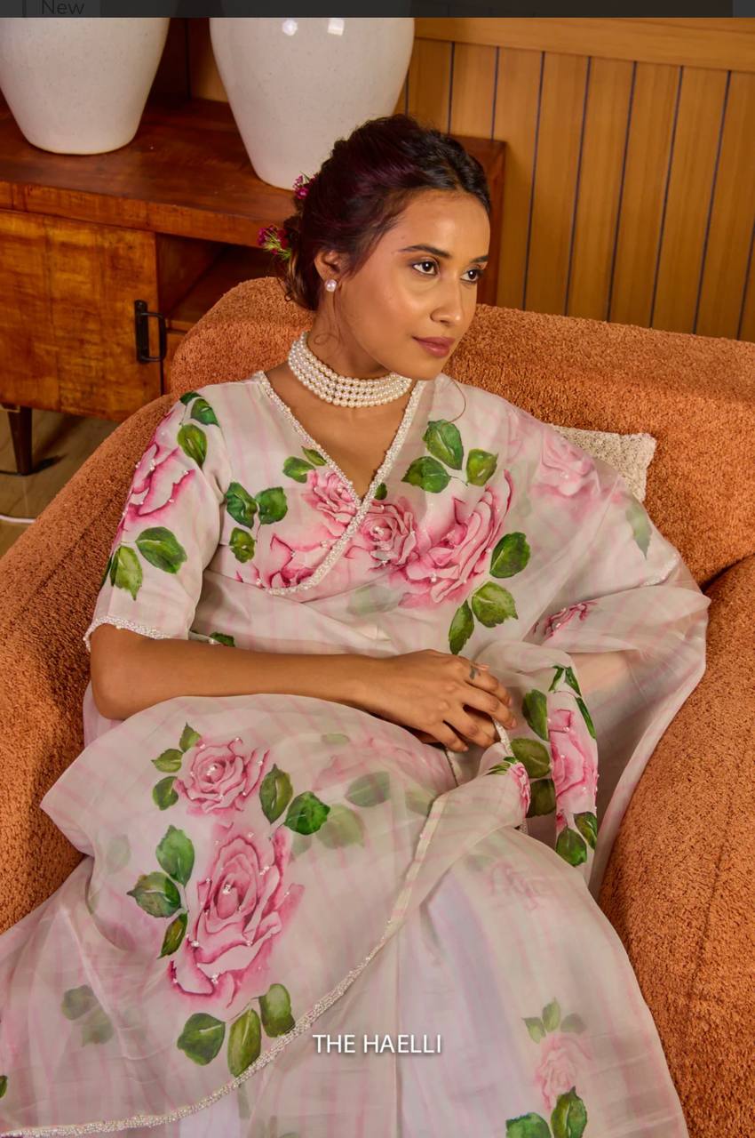 Party Wear Beautiful Saree With Floral Print And Pearl Handwork In Border