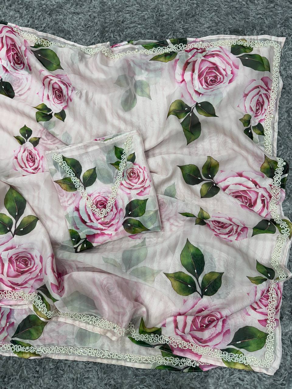 Party Wear Beautiful Saree With Floral Print And Pearl Handwork In Border