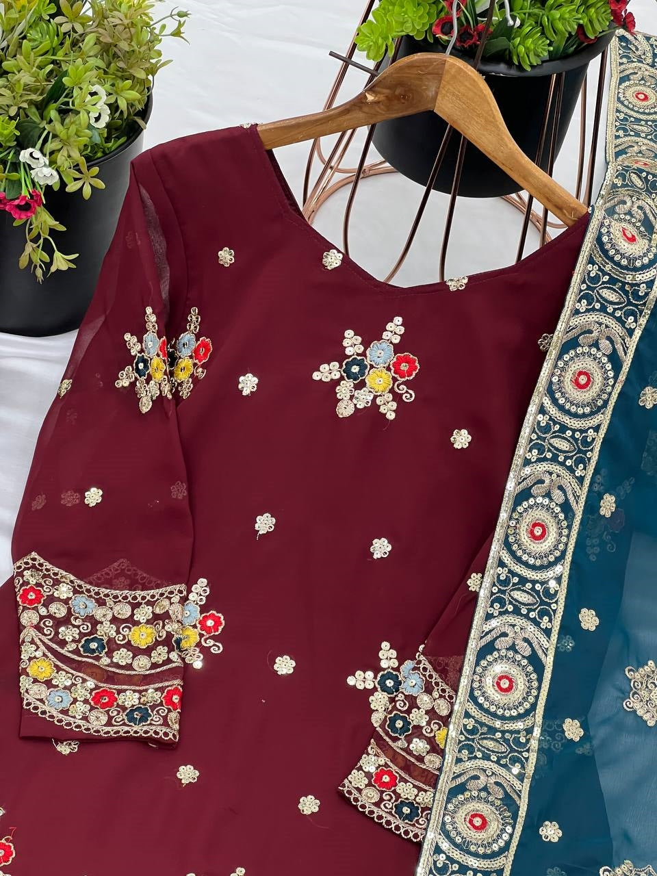 Designer Party Wear Look Top-Sarara And Dupatta With Heavy Embroidery Work