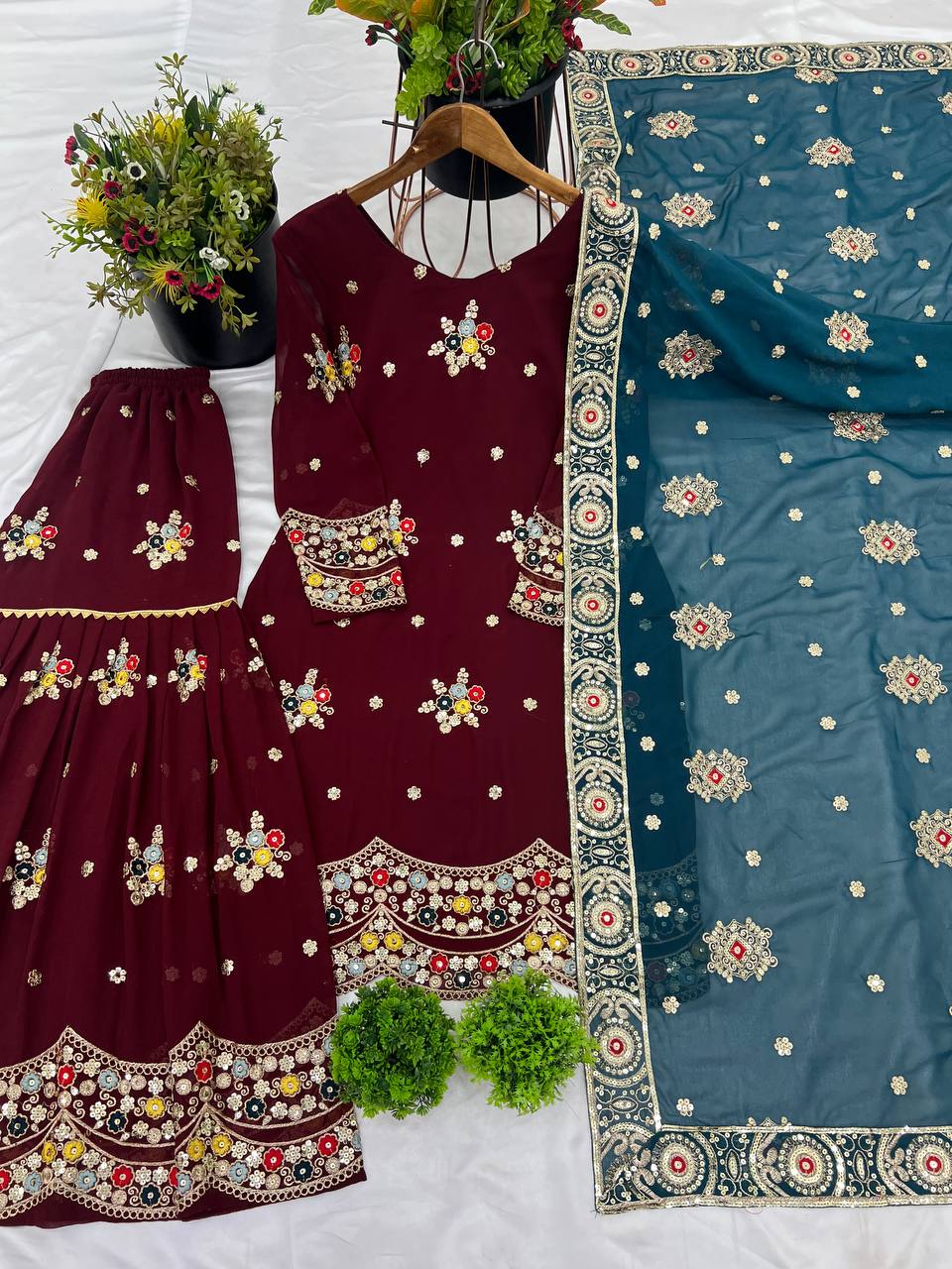 Designer Party Wear Look Top-Sarara And Dupatta With Heavy Embroidery Work