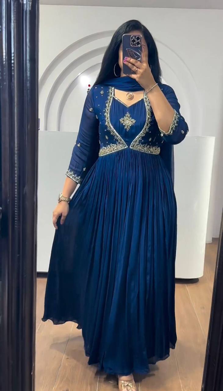 Designer Gown And Dupatta With Thread And Sequence Work