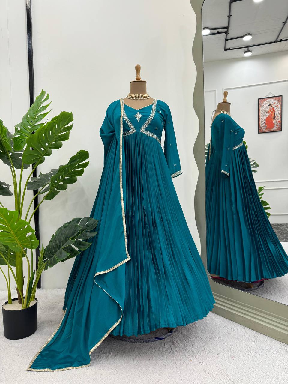 Designer Gown And Dupatta With Thread And Sequence Work