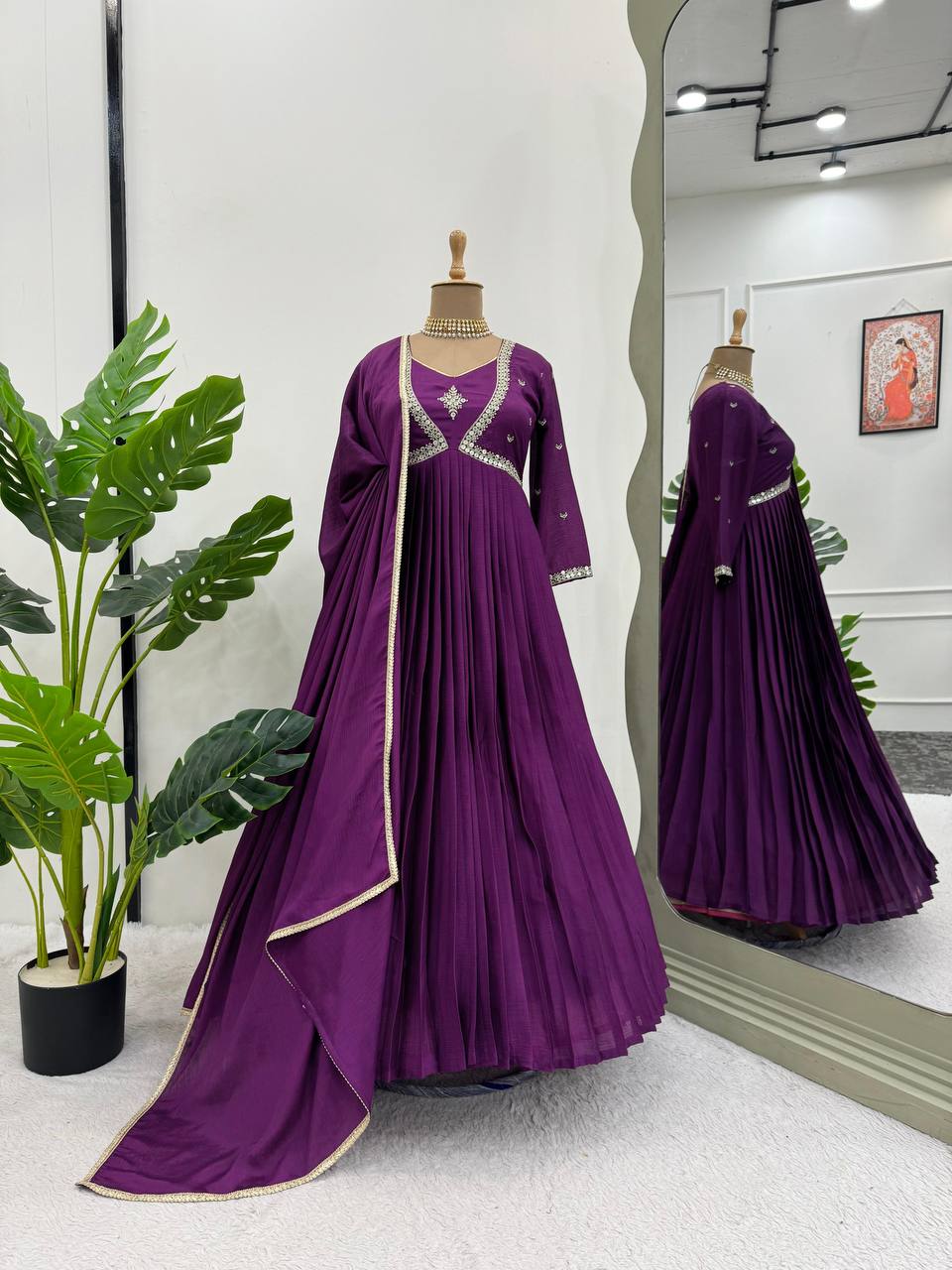 Designer Gown And Dupatta With Thread And Sequence Work