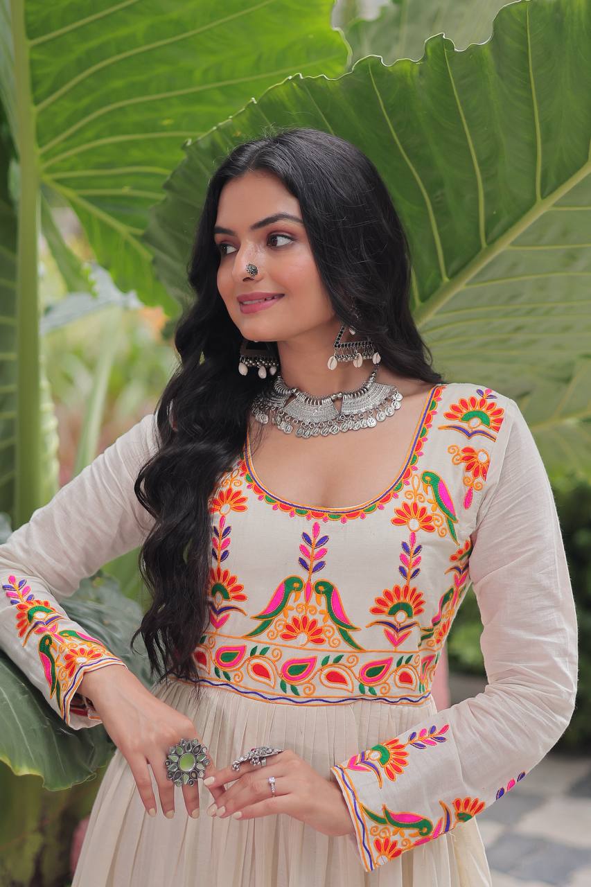 Navratri Special Beautiful Gown With Multi Thread Embroidered