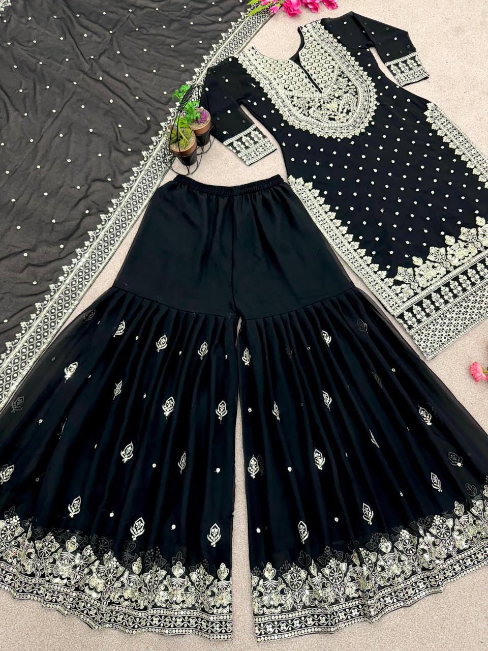 Heavy Embroidery Sequence Work Top-Gharara And Dupatta