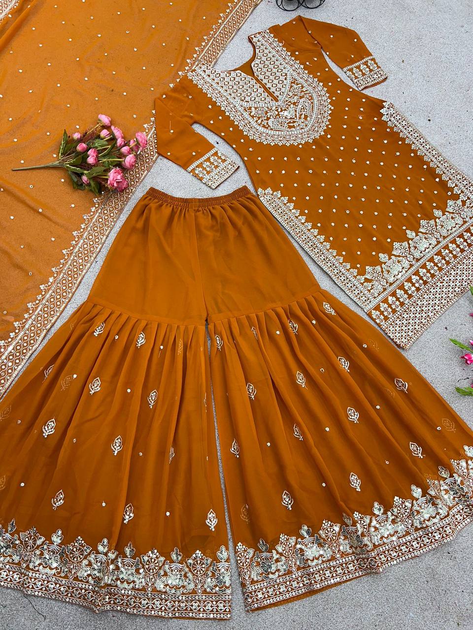 Heavy Embroidery Sequence Work Top-Gharara And Dupatta