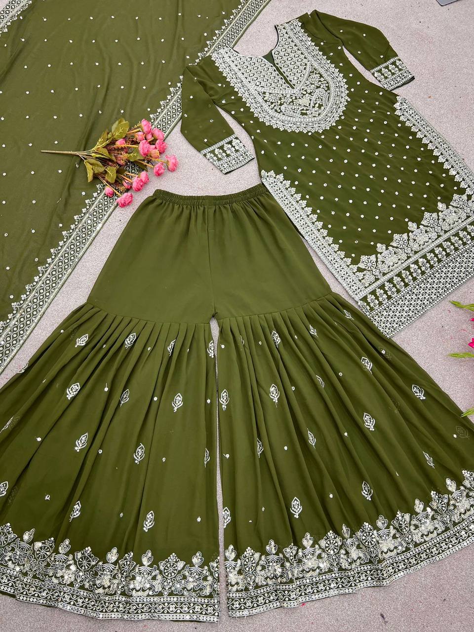 Heavy Embroidery Sequence Work Top-Gharara And Dupatta