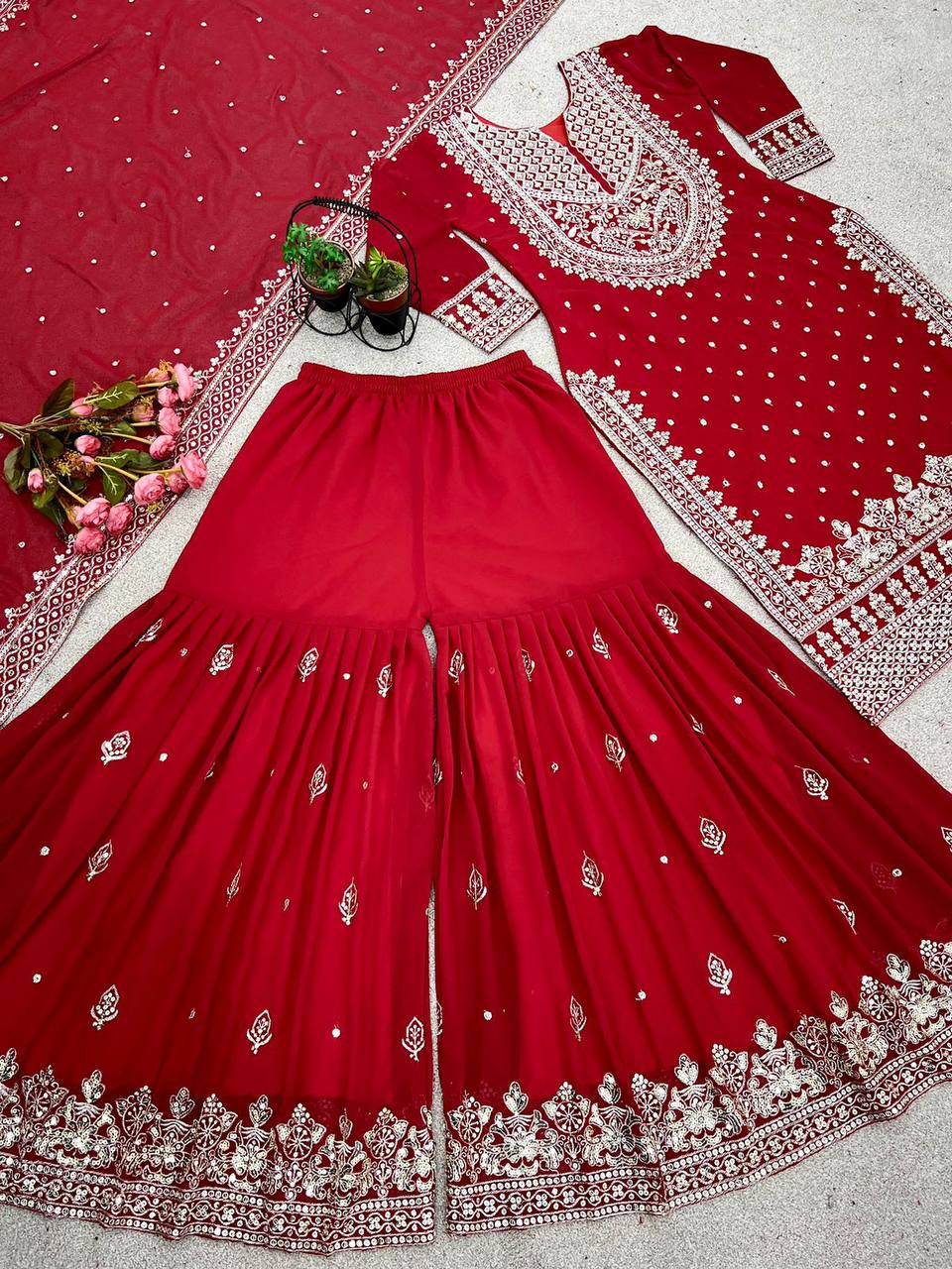 Heavy Embroidery Sequence Work Top-Gharara And Dupatta
