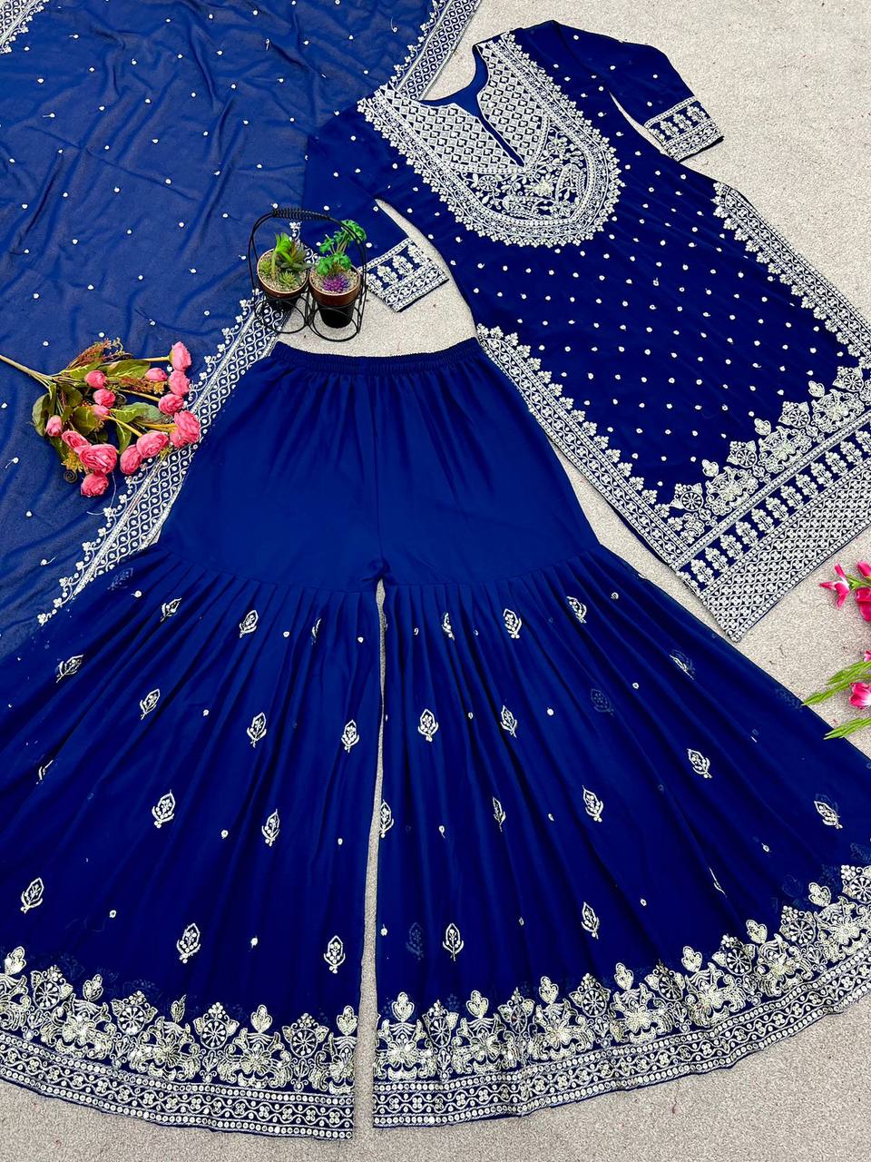 Heavy Embroidery Sequence Work Top-Gharara And Dupatta