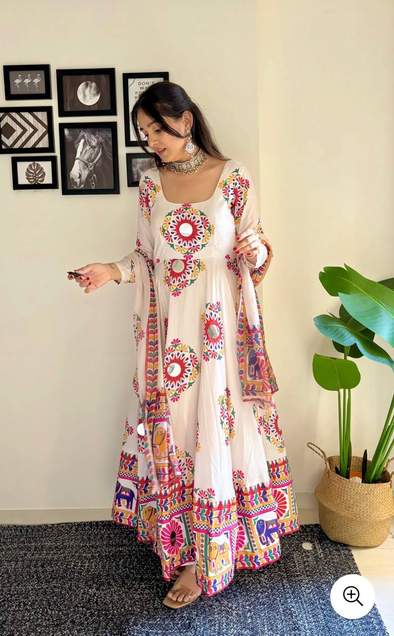 Designer Navratri Special Gown And Dupatta With Mirror Work