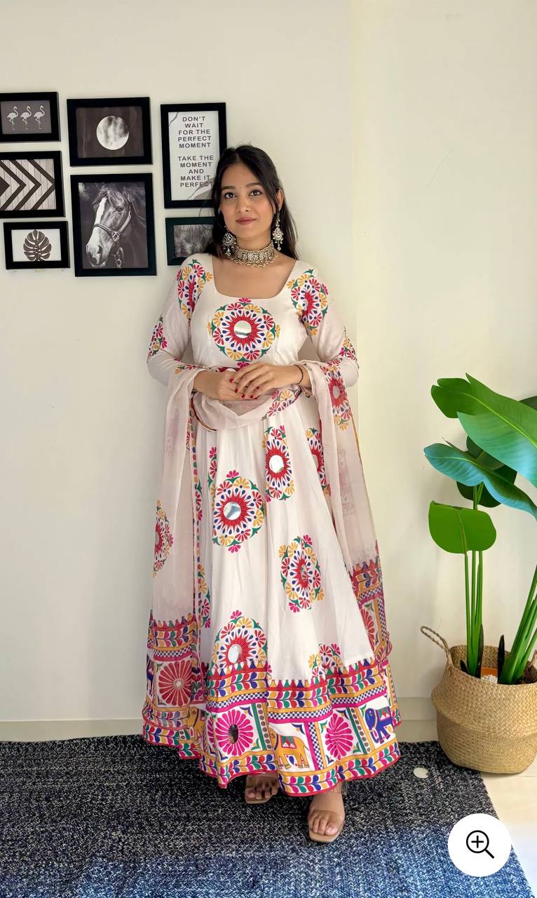 Designer Navratri Special Gown And Dupatta With Mirror Work