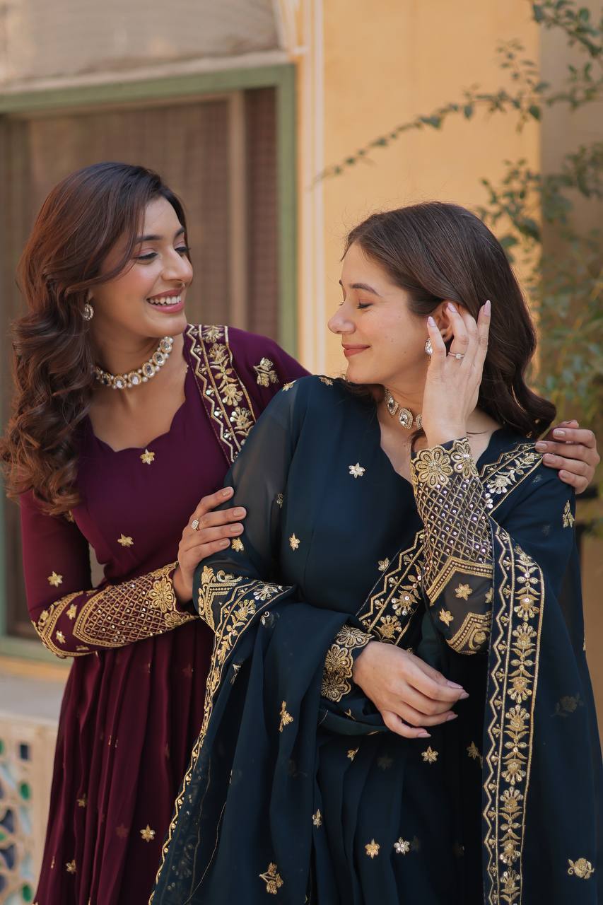 Designer Gown, Bottom And Dupatta With Embroidery Sequence Work