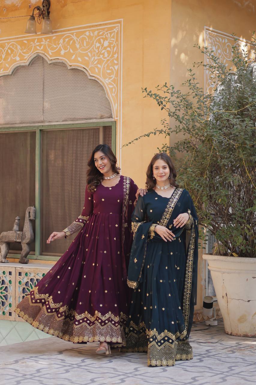 Designer Gown, Bottom And Dupatta With Embroidery Sequence Work