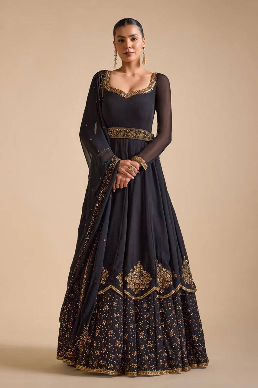 Party Wear Look Gown And Dupatta With Thread And Sequence Work