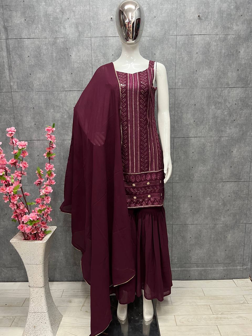 Beautiful Sharara Set And Dupatta With Embroidery Cotton Thread Work