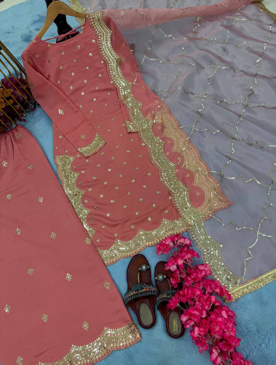 डिज़ाइनर पार्टी वियर लुक टॉप प्लाज़ो और फैंसी दुपट्टा सेट