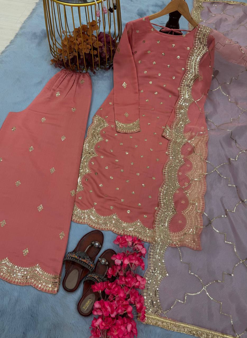 डिज़ाइनर पार्टी वियर लुक टॉप प्लाज़ो और फैंसी दुपट्टा सेट
