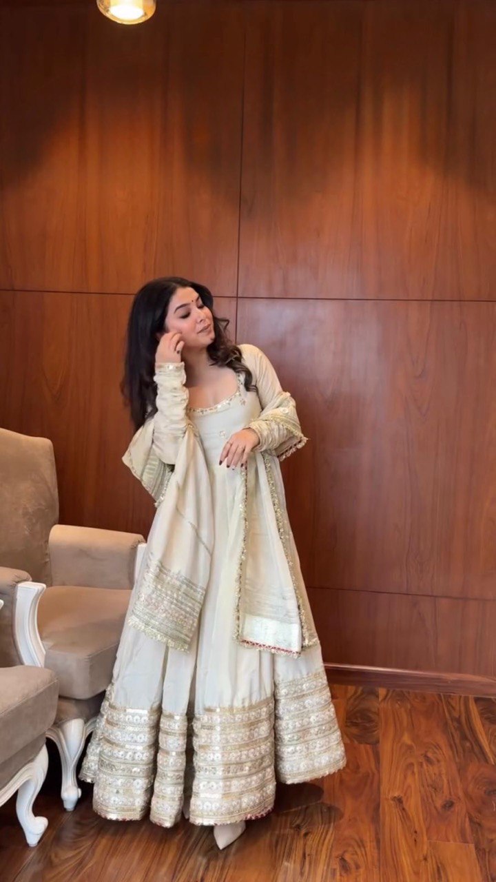 Party Wear Gown With Thread, Sequence And Lace Border Work