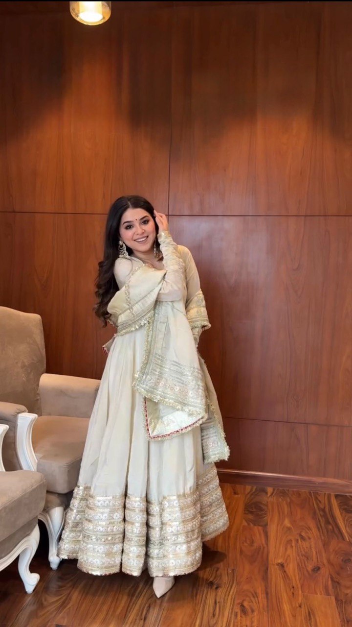 Party Wear Gown With Thread, Sequence And Lace Border Work