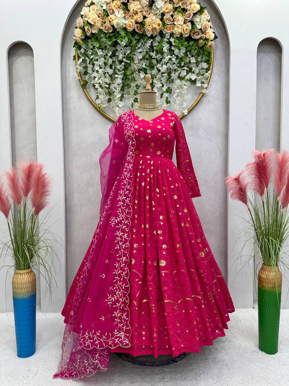 Designer Gown And Dupatta With Thread And Sequence Work