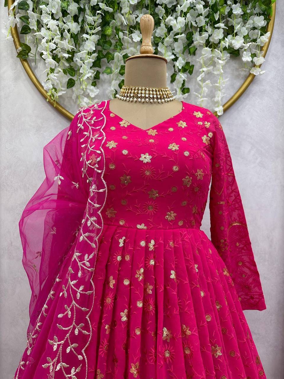 Designer Gown And Dupatta With Thread And Sequence Work