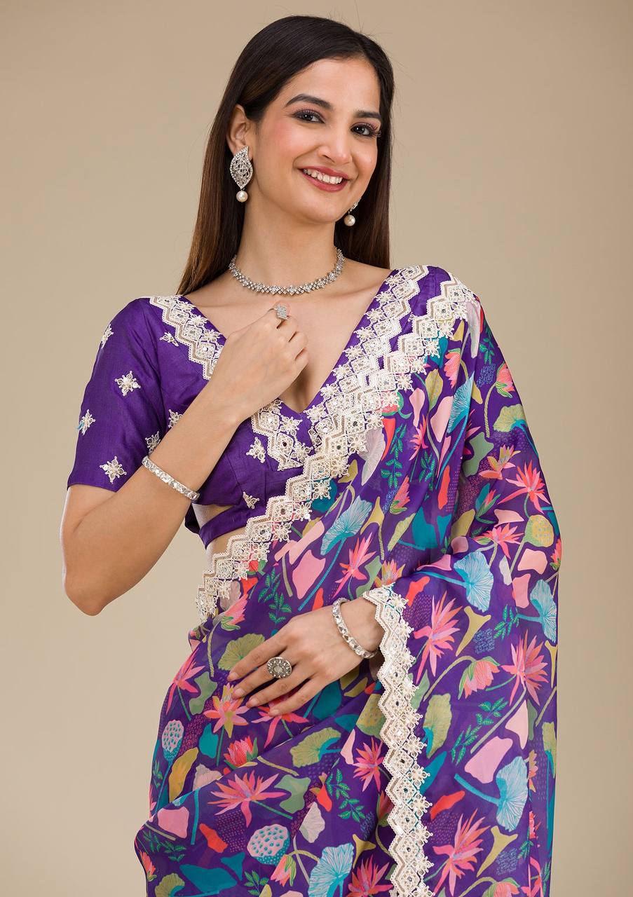 Party Wear Designer Saree With Embroidery Codding & Sequins Work