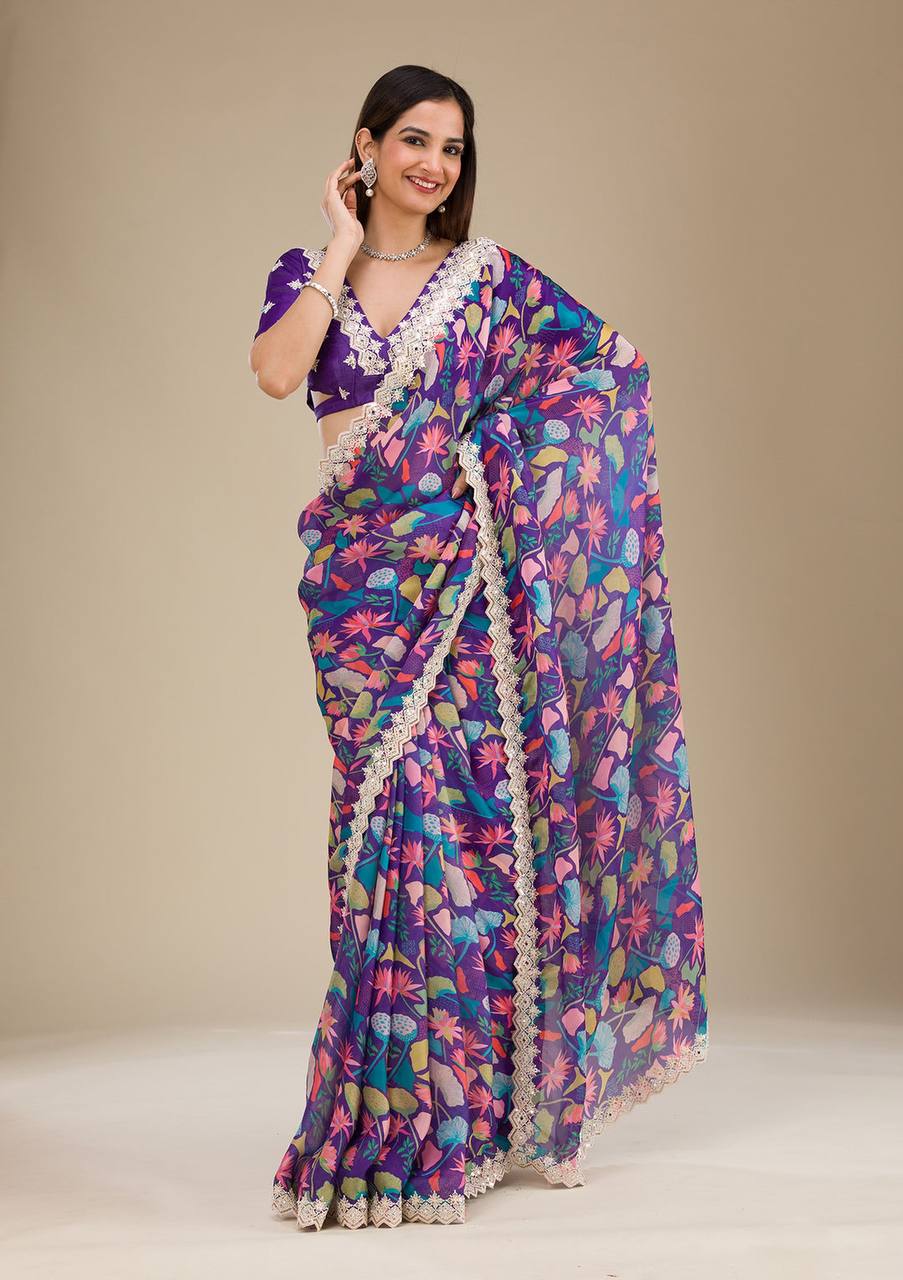 Party Wear Designer Saree With Embroidery Codding & Sequins Work
