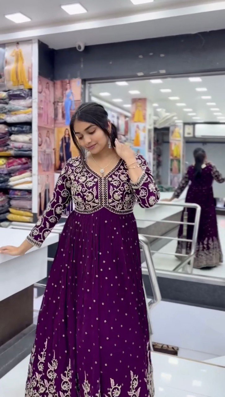 Party Wear Gown With Thread And Sequence Work