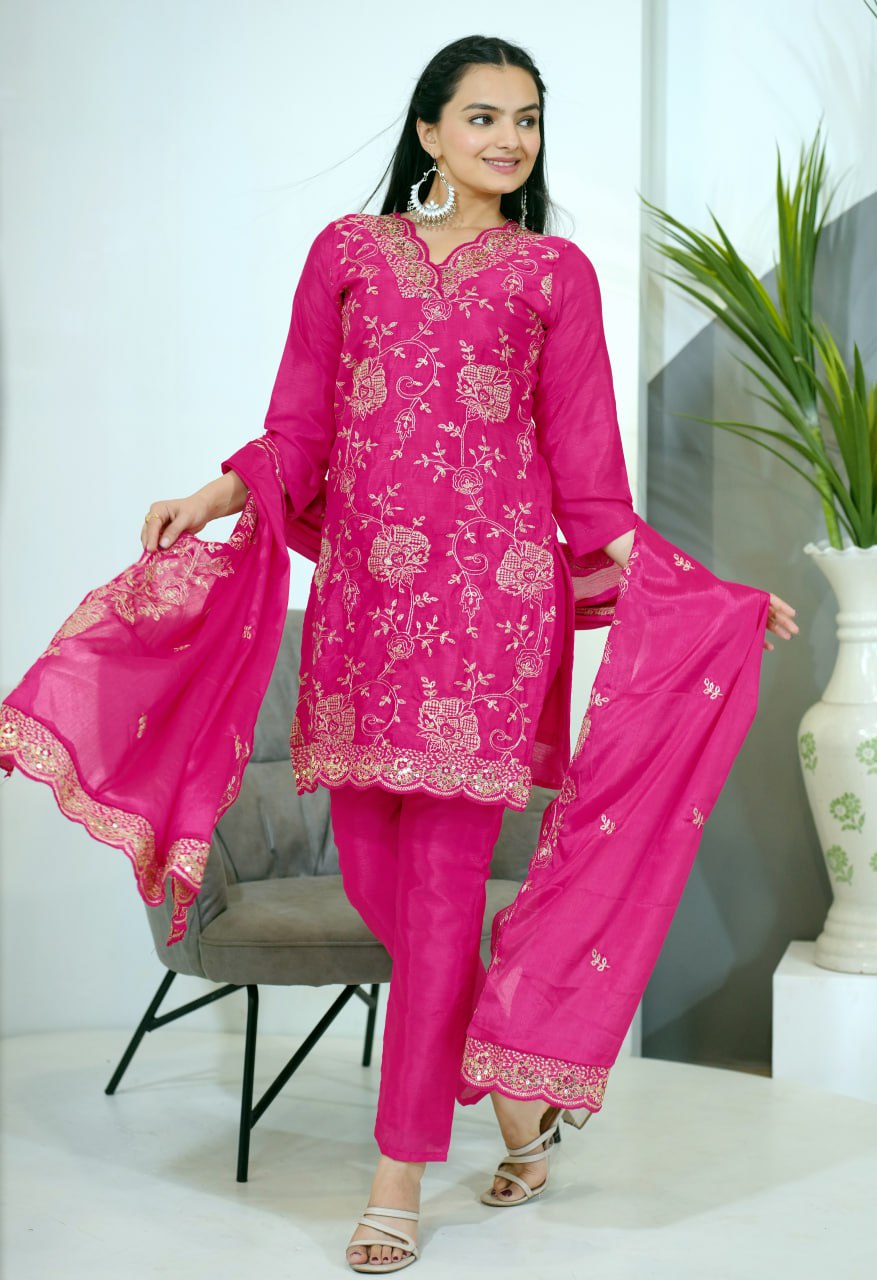 Designer Embroidered Chinon Suit With Sequence Embroidered Work