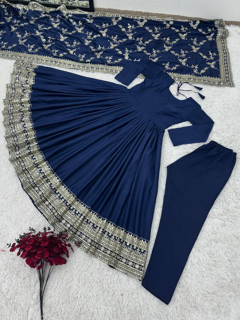 Designer Party Wear Look Full Heavy Embroidery Sequence Work Gown With Pent And Dupatta