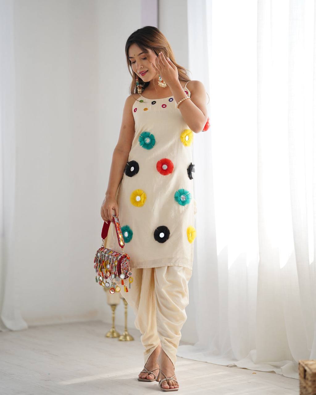 Designer Fancy Look Top And Bottom With Mirror Khatli Work