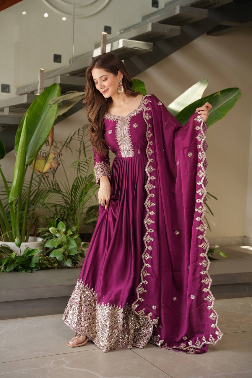 Party Wear Look Gown With Embroidery Codding & Sequins Work