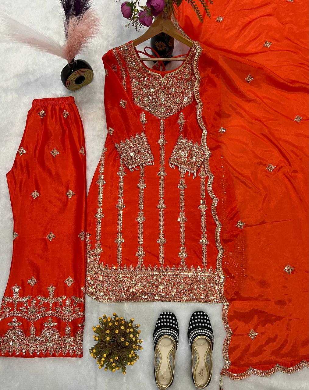 Beautiful Top-Bottom And Dupatta With Embroidery Coding Sequence Work
