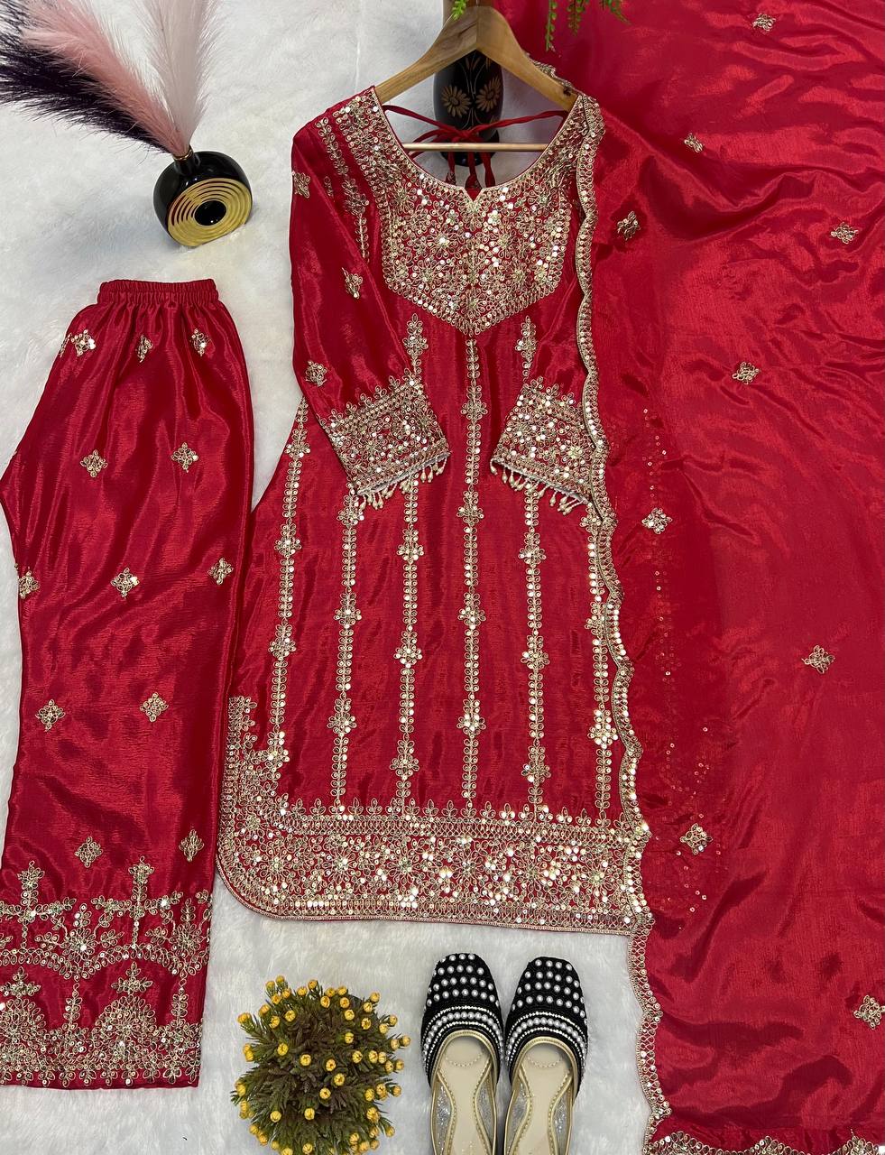 Beautiful Top-Bottom And Dupatta With Embroidery Coding Sequence Work