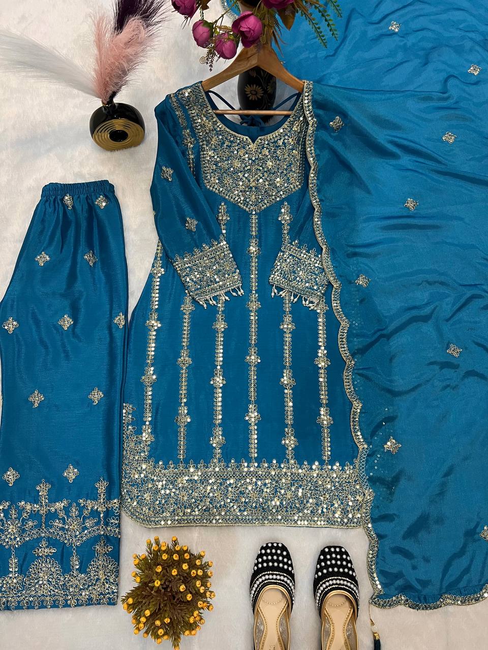 Beautiful Top-Bottom And Dupatta With Embroidery Coding Sequence Work