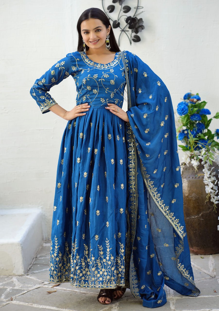 Beautiful Embroidered Chinon Gown With Sequence Embroidered Work