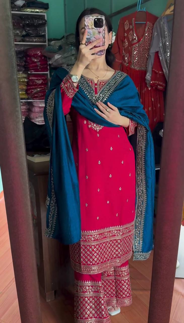 कढ़ाई अनुक्रम कार्य के साथ डिजाइनर टॉप-बॉटम और दुपट्टा