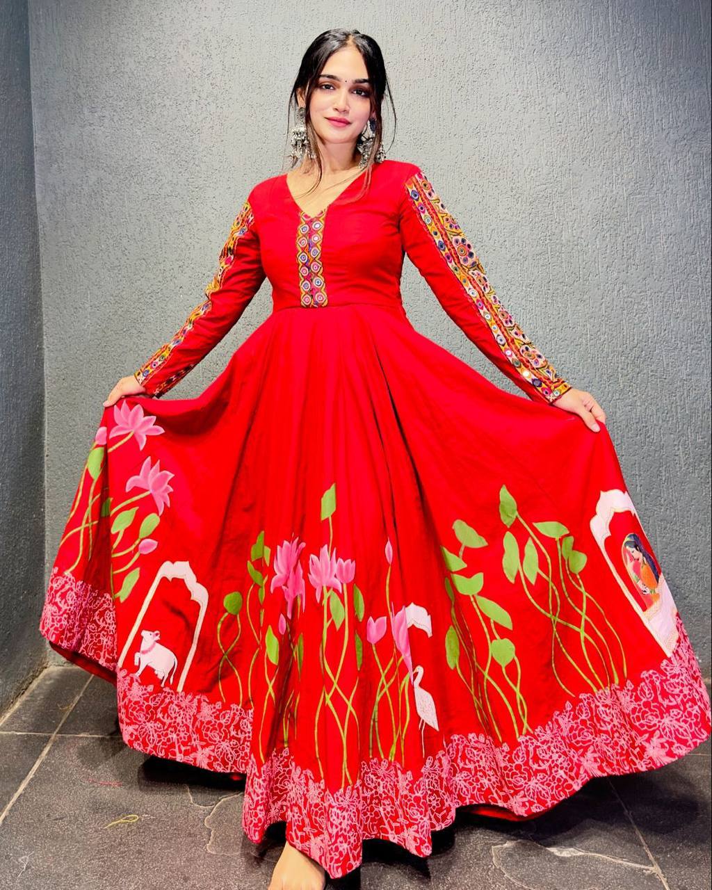 Beautiful Gown And Dupatta With Digital Print And Real Mirror Work