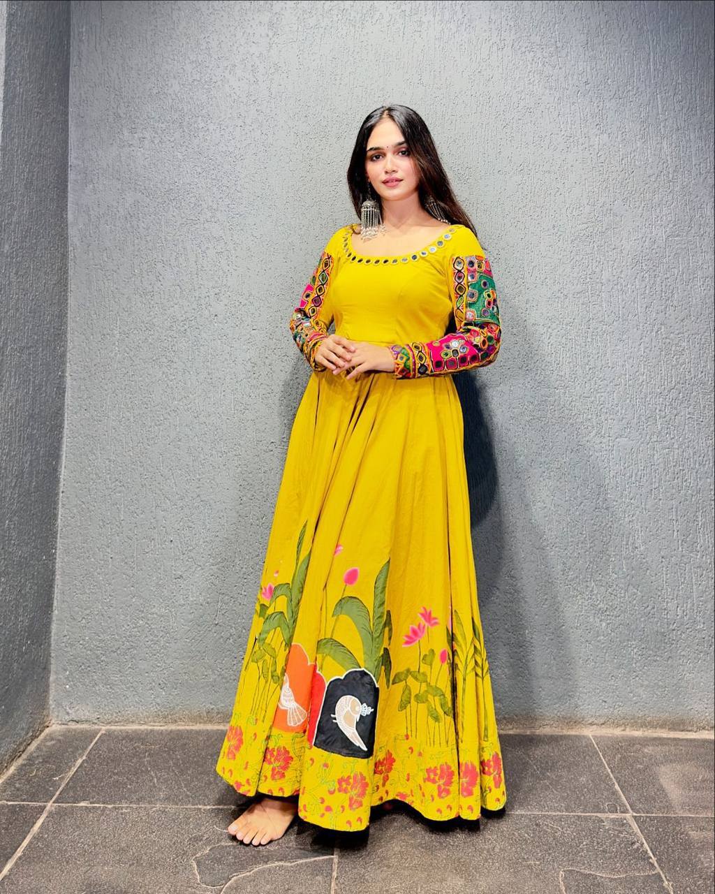 Designer Gown And Dupatta With Digital Print And Real Mirror Work
