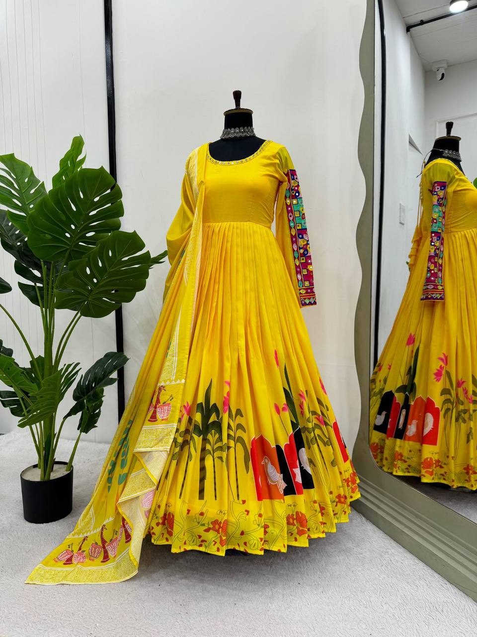Designer Gown And Dupatta With Digital Print And Real Mirror Work