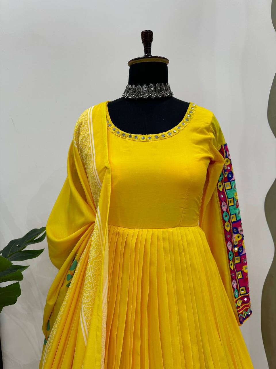 Designer Gown And Dupatta With Digital Print And Real Mirror Work