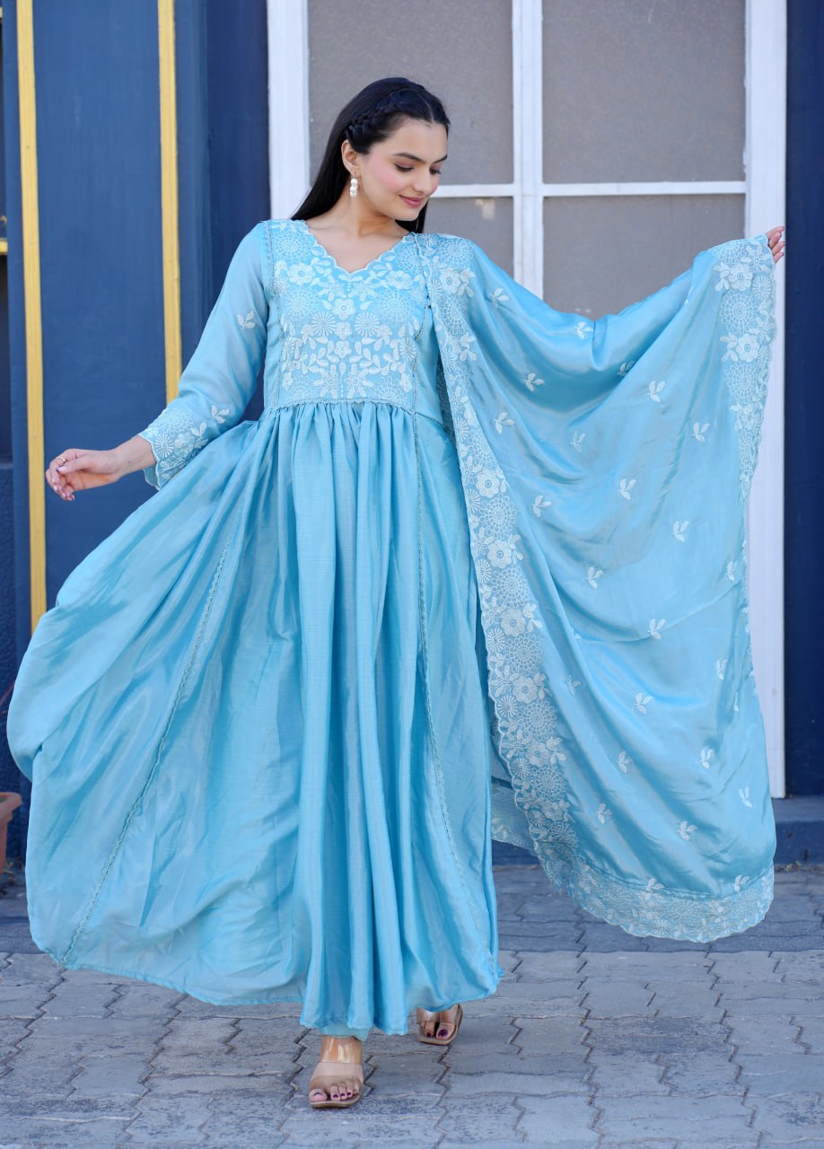 Designer Chinon Gown Pent And Dupatta With Embroidered Work