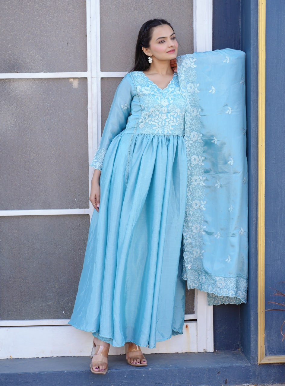 Designer Chinon Gown Pent And Dupatta With Embroidered Work
